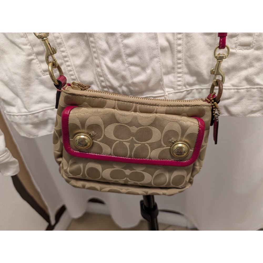 Coach Poppy Sig C Khaki Pink Patent Leather Crossbody Bag Gold Hardware READ